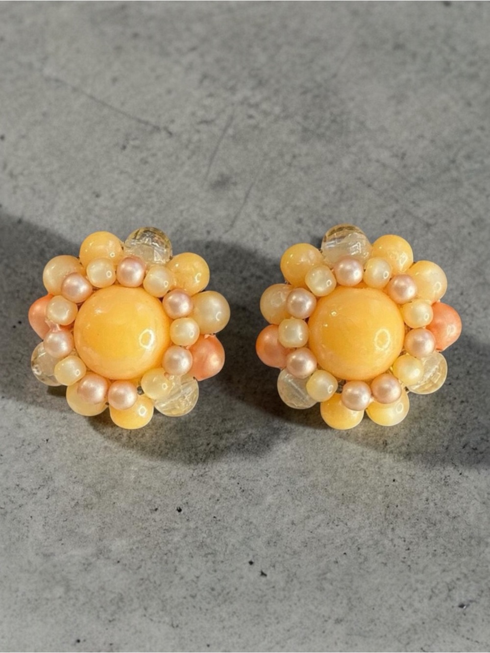 Vintage Orange Peach & Rose Gold Faux Pearl Clear Bead Cluster Clip On Earrings